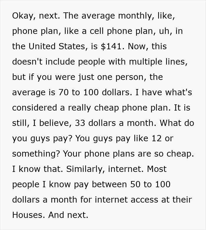 Text discussing average monthly phone and internet plan costs in the United States, relating to pay for ambulance rides.