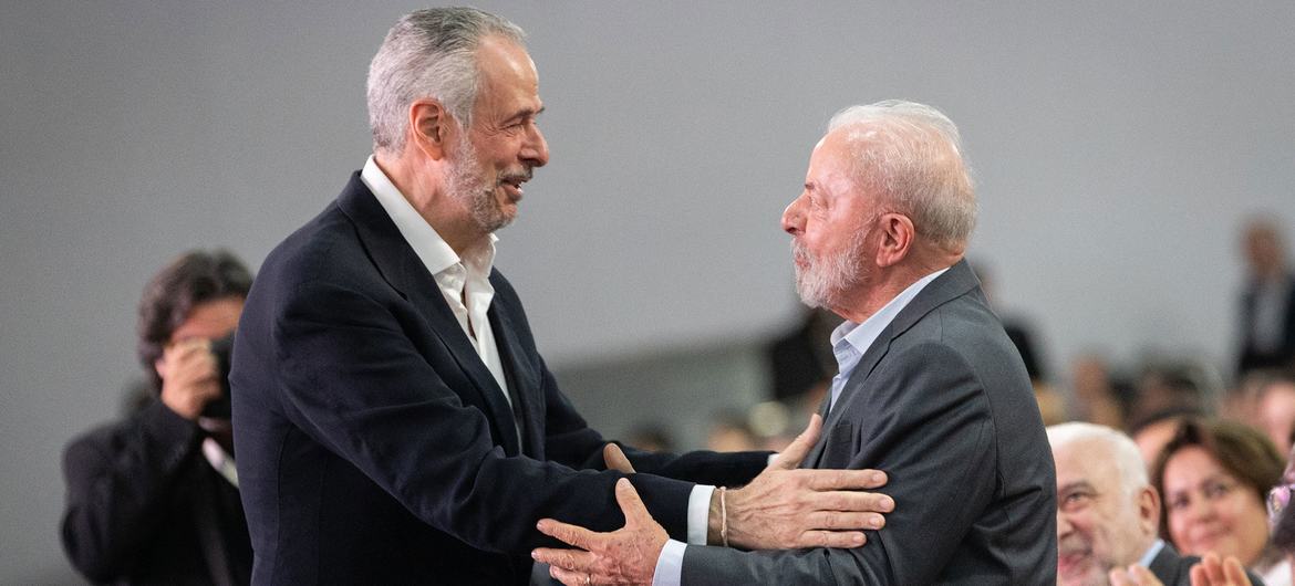 André Corrêa do Lago (left) of Brazil and COP30 President, greets President Luiz Inácio Lula da Silva during the opening of the conference in Belém. André Corrêa do Lago (left) of Brazil and COP30 President, greets President Luiz Inácio Lula da Silva during the opening of the conference in Belém.