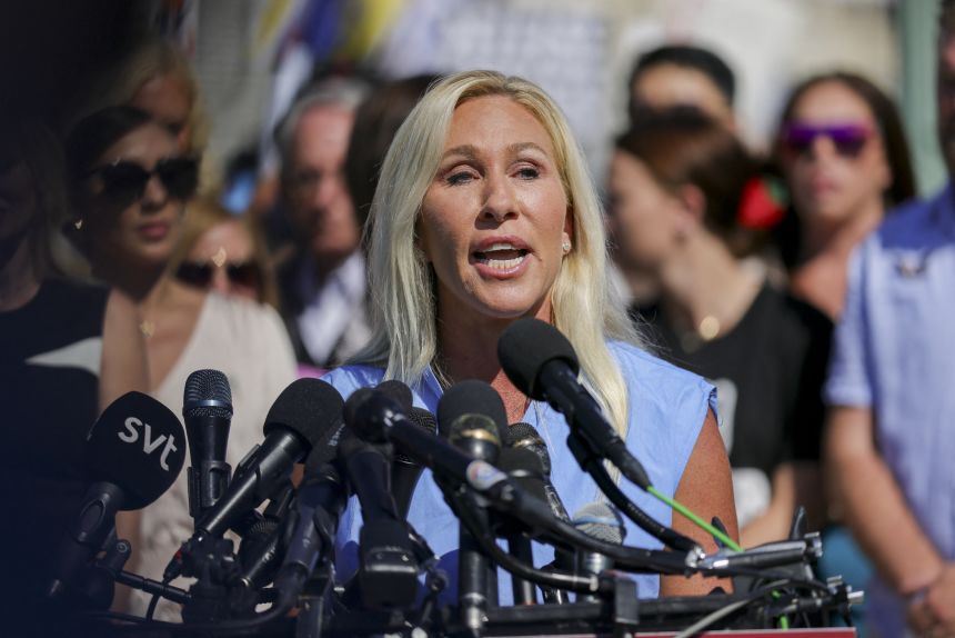 Rep. Marjorie Taylor Greene speaks at a press conference alongside alleged victims of Jeffrey Epstein at the US Capitol on September 3, 2025.