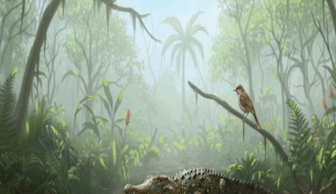 An AI-generated reconstruction of a 'drop croc', or mekosuchine crocodile, on top of a nest containing eggs on the bank of a pond in a forest with other animals seen around it.