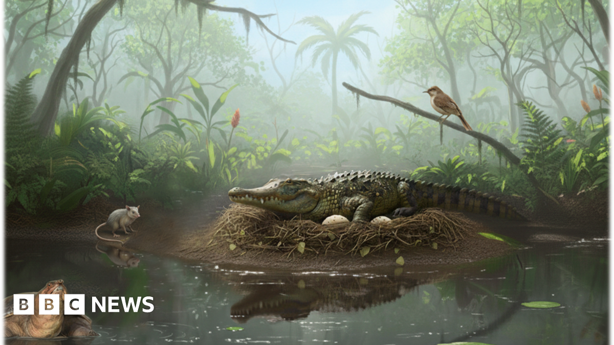 An AI-generated reconstruction of a 'drop croc', or mekosuchine crocodile, on top of a nest containing eggs on the bank of a pond in a forest with other animals seen around it.