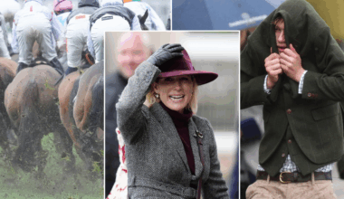 Zara Tindall clings to her hat as Storm Claudia batters Cheltenham Racecourse