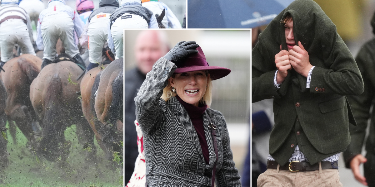Zara Tindall clings to her hat as Storm Claudia batters Cheltenham Racecourse