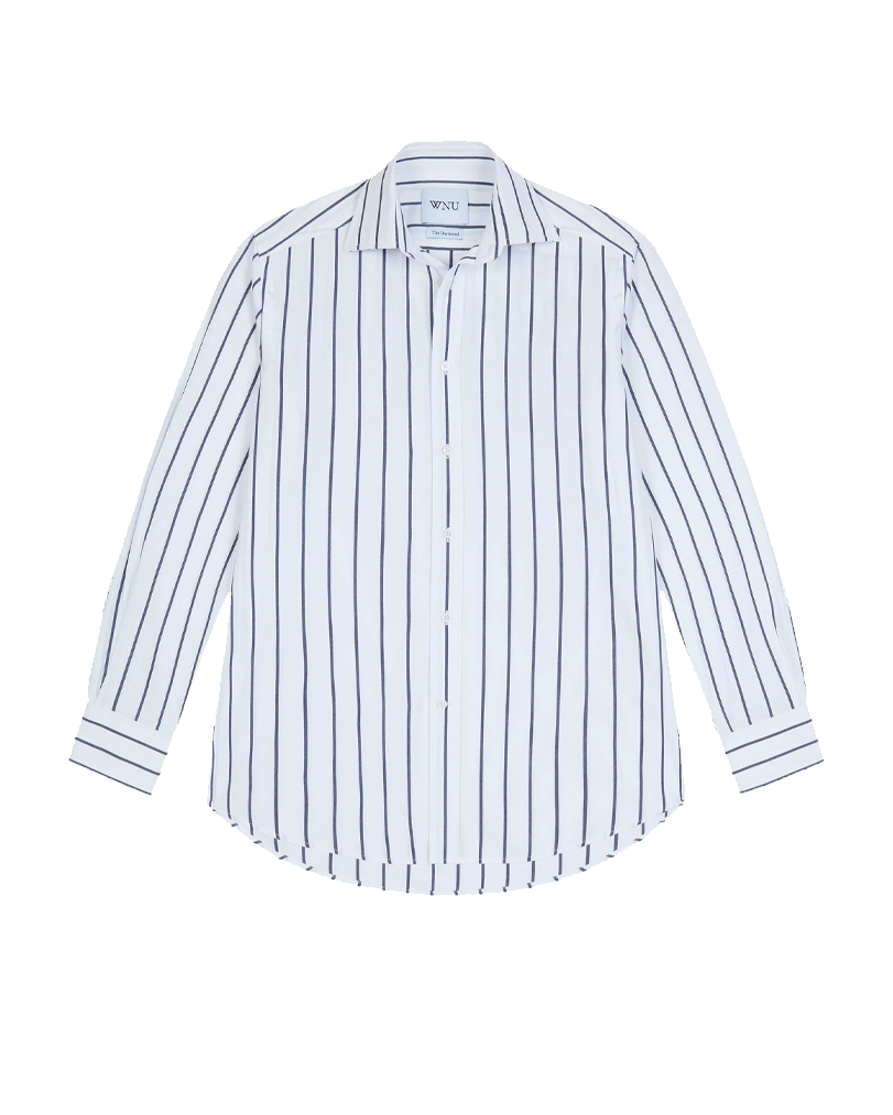 With Nothing Underneath The Boyfriend midnight blue stripe shirt