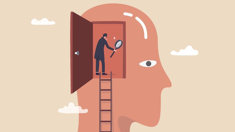 Psychology and mindset, deep mind thinking or mental health diagnose, intelligence brain or depression, emotion or cognitive concept, detective man climb up to human brain investigating problem.