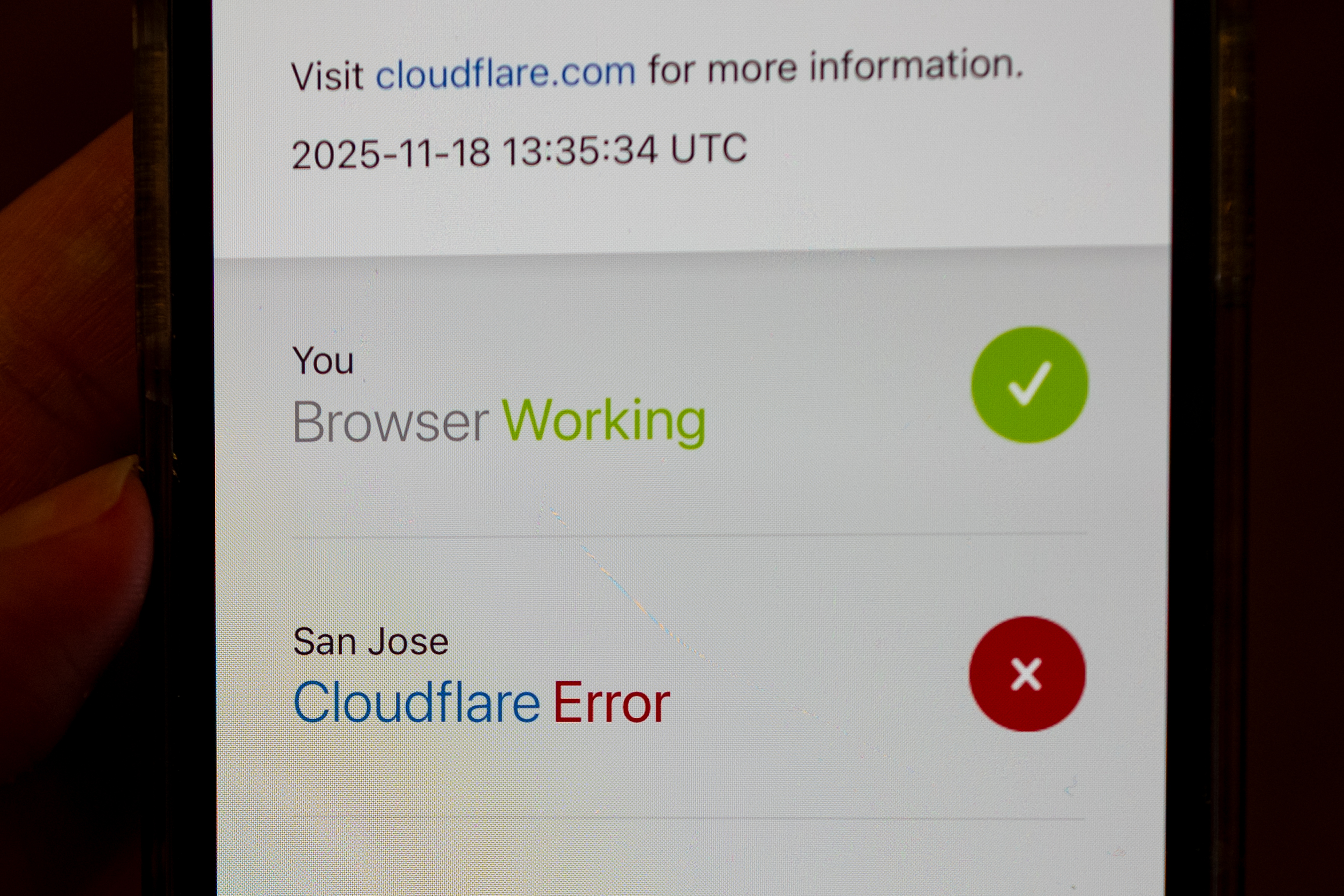 An iPhone displaying a Cloudflare Error in Lafayette, California.