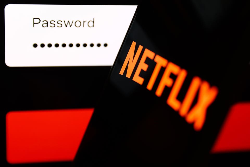 Netflix logo on smartphone, password entry box in image background.