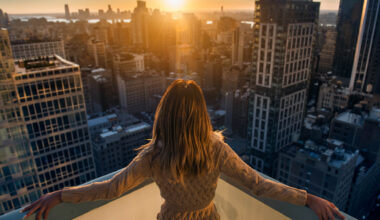 Rich woman enjoying the sunset standing on the balcony at luxury apartments in New York City.
