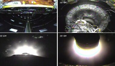 Images captured by cameras mounted on the Nuri rocket show the status of the launch vehicle during its mission, Thursday. Clockwise from top left, the images display the inside of the rocket’s fairing, the interior of the third stage, the exterior of the second stage and the interior of the second stage. Courtesy of Korea Aerospace Research Institute