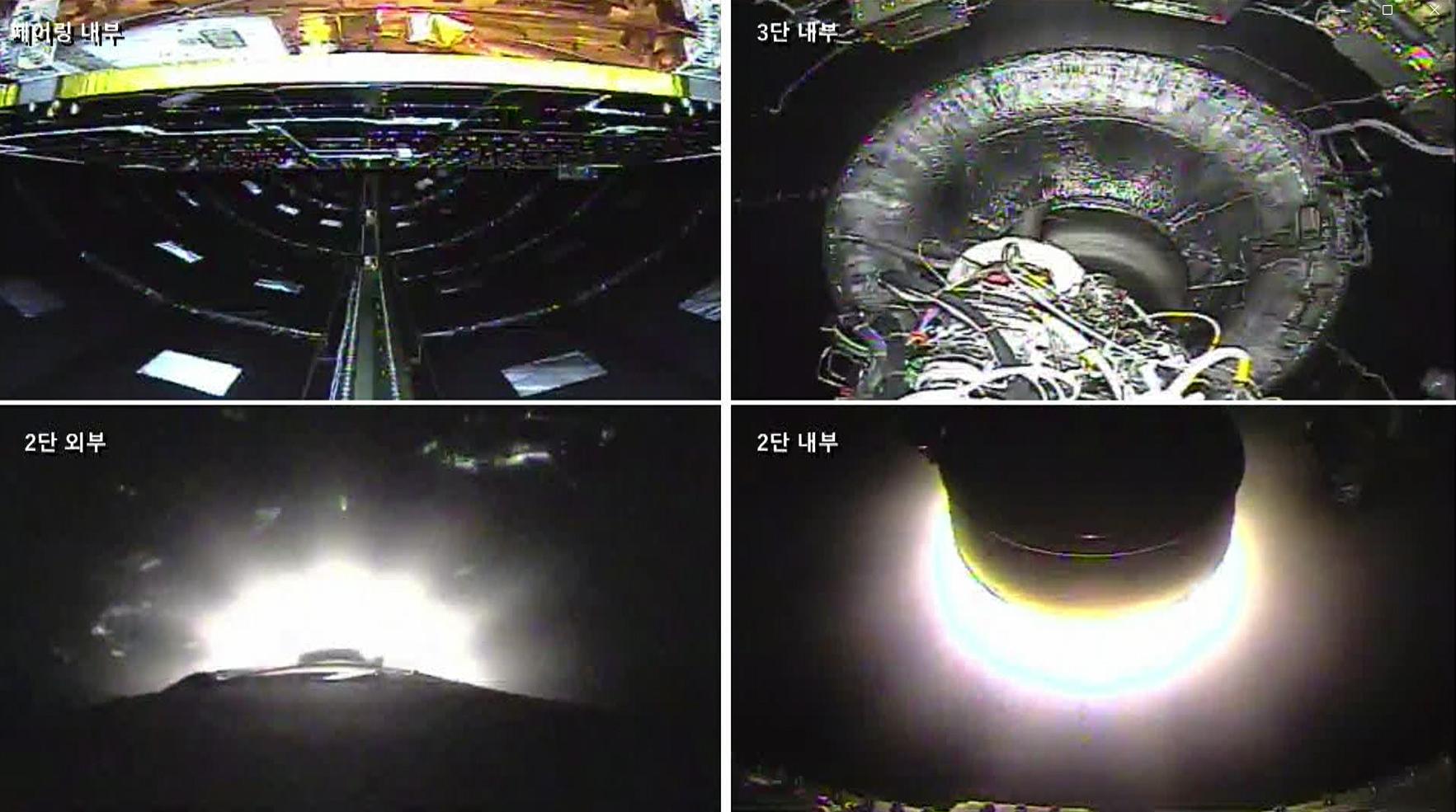 Images captured by cameras mounted on the Nuri rocket show the status of the launch vehicle during its mission, Thursday. Clockwise from top left, the images display the inside of the rocket’s fairing, the interior of the third stage, the exterior of the second stage and the interior of the second stage. Courtesy of Korea Aerospace Research Institute