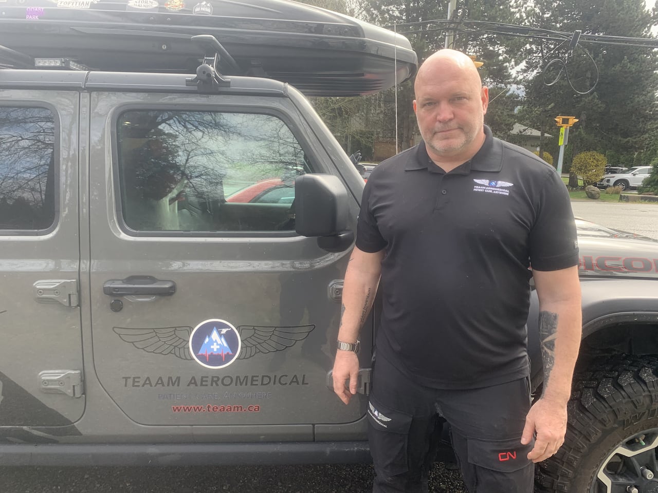 A man stands next to a jeep.