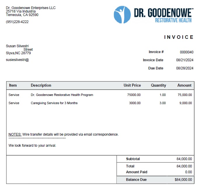 The Goodenowe centre invoiced Susie Silvestri $84,000 US for the program and additional care. 