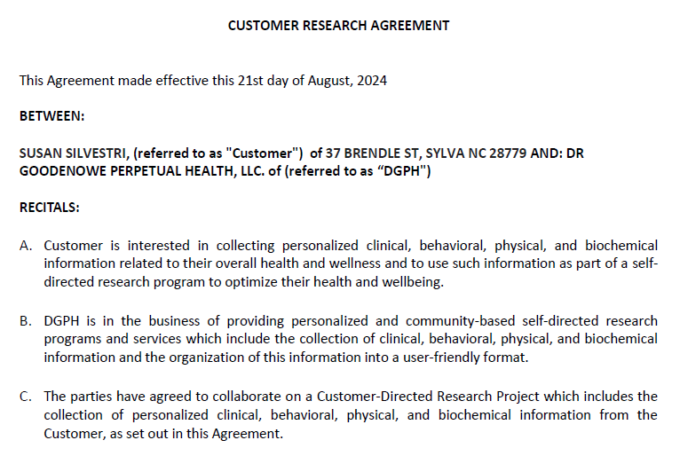 On August 29, 2024, Susie Silvestri signed this contract, agreeing to work with the Goodenowe organization on a "self-directed research program." 