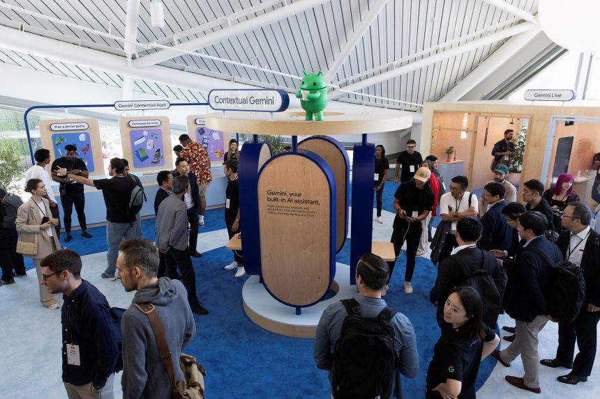Attendants try the new Gemini AI model features at a Made by Google event in Mountain View, California, on August 13, 2024.
