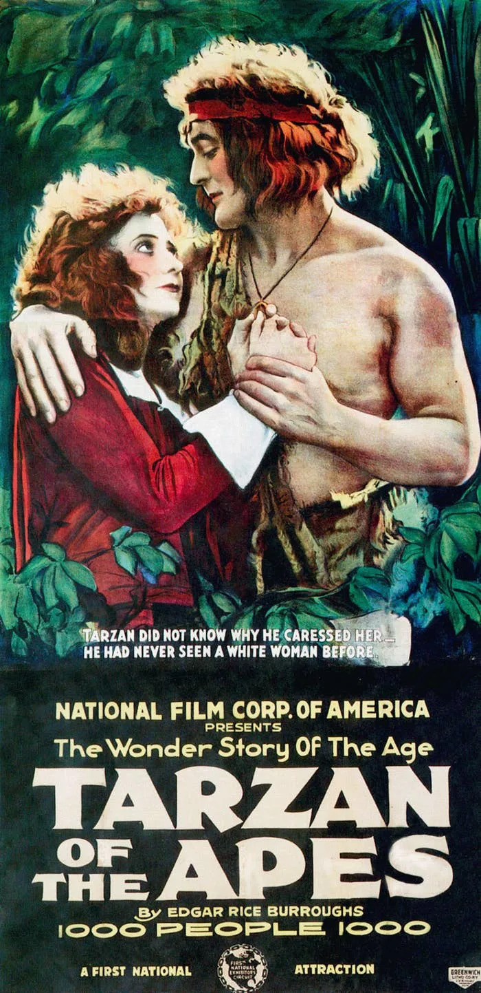 Tarzan and a woman stare at each other lovingly in lush jungle. Promotional poster for "Tarzan of the Apes" with film details and producer credits