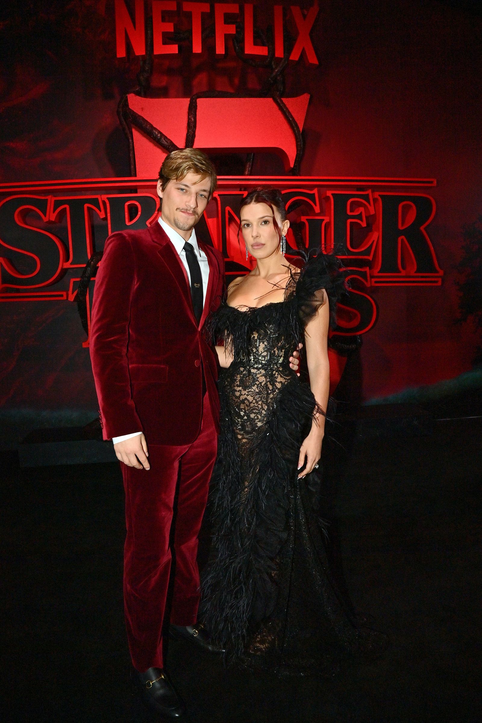 HOLLYWOOD CALIFORNIA  NOVEMBER 06  Jake Bongiovi and Millie Bobby Brown attend Netflix's Stranger Things Season 5 World...