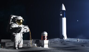 An artist's conception shows astronauts on the moon with SpaceX's Starship in the background. (Credit: NASA)