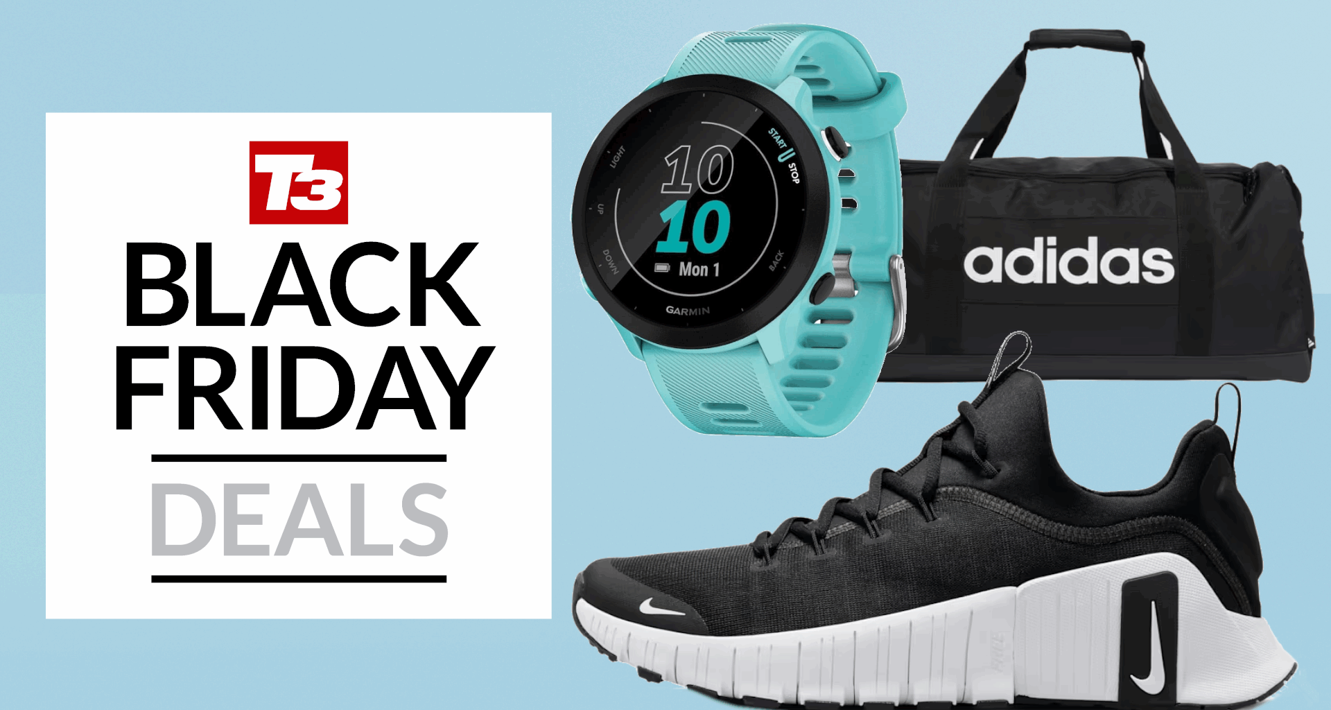 Black Friday fitness deals, featuring Nike Free Metcon 6, Forerunner 55 and Adidas workout bag