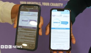 Photo of two phone screens being held by two different people. The screens show a lot of text and descriptions of the two surveys asking people for the views on AI use in healthcare. The left hand screen is primarily dark, while the right hand screen in primarily white.