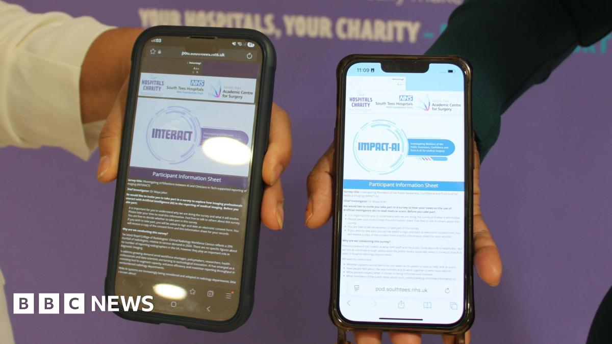 Photo of two phone screens being held by two different people. The screens show a lot of text and descriptions of the two surveys asking people for the views on AI use in healthcare. The left hand screen is primarily dark, while the right hand screen in primarily white.
