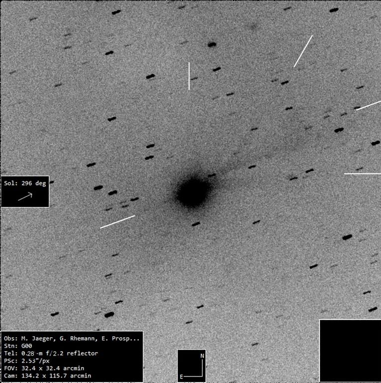 A black-and-white image showing multiple streaks going outward from a fuzzy central object.