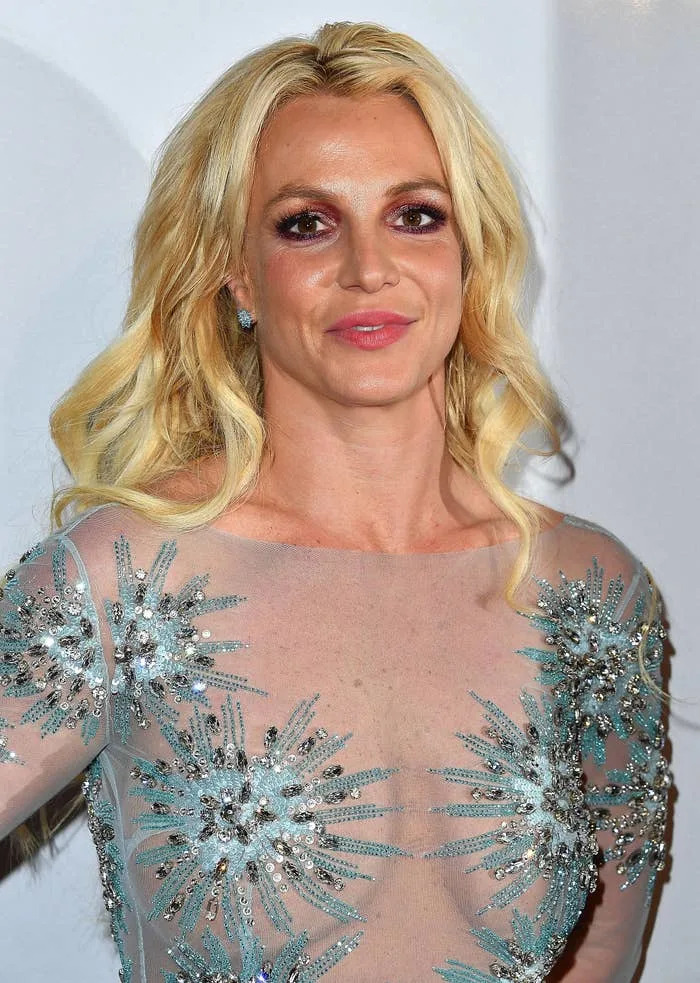 Britney Spears in a sheer, embellished gown poses for a photo