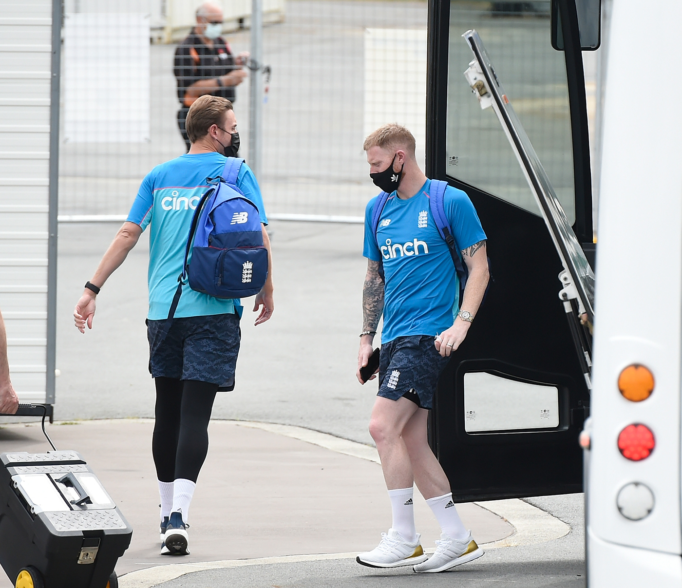 Bubbles, not barbies: Stuart Broad and Ben Stokes arrive for training in Gold Coast wearing masks