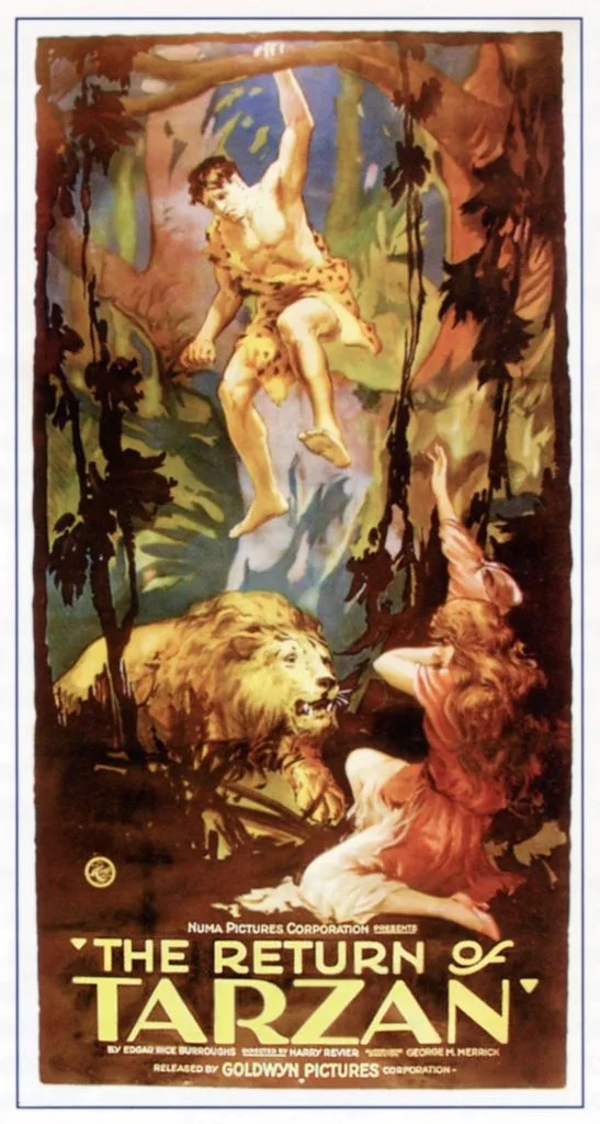Vintage movie poster for "The Return of Tarzan," featuring Tarzan swinging on a vine and a lion near a woman in the jungle