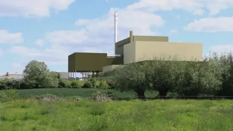 Northacre Renewable Energy A digital picture imagining what it will look like when built: a large set of industrial-type buildings in green with one tall, thin white tower. There is grass and trees surrounding it.