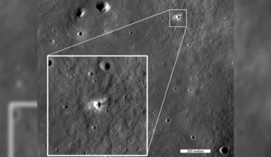 A view of the new moon crater with a box showing an enlarged version.
