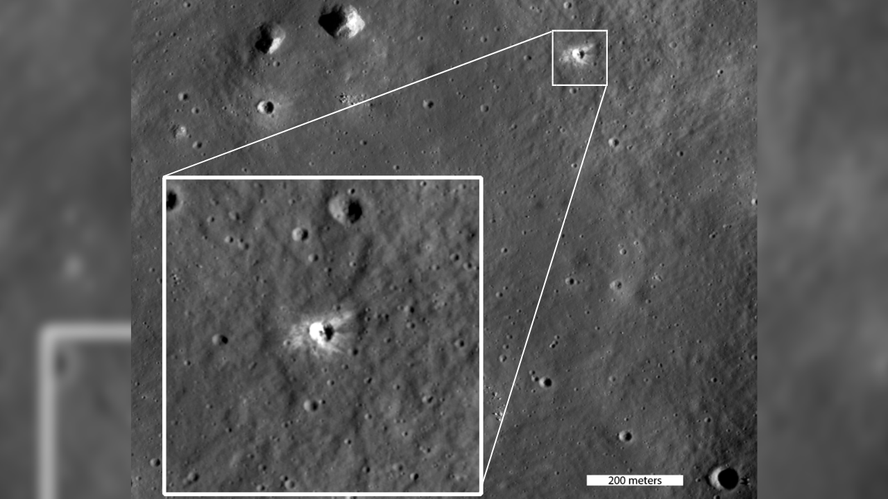 A view of the new moon crater with a box showing an enlarged version.
