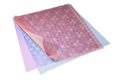 Three square layers of thin meshes. The top layer is curled up at one corner to show its flexibility and the layers underneath