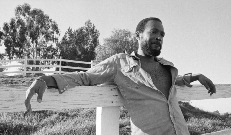 A man with a beard leans casually against a white fence outdoors, wearing an unbuttoned denim shirt. Trees and grass surround him, and the scene appears calm and relaxed under a clear sky.