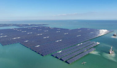 An aerial drone photo taken on Nov. 13, 2025 shows an offshore photovoltaic project in Dongying City, east China