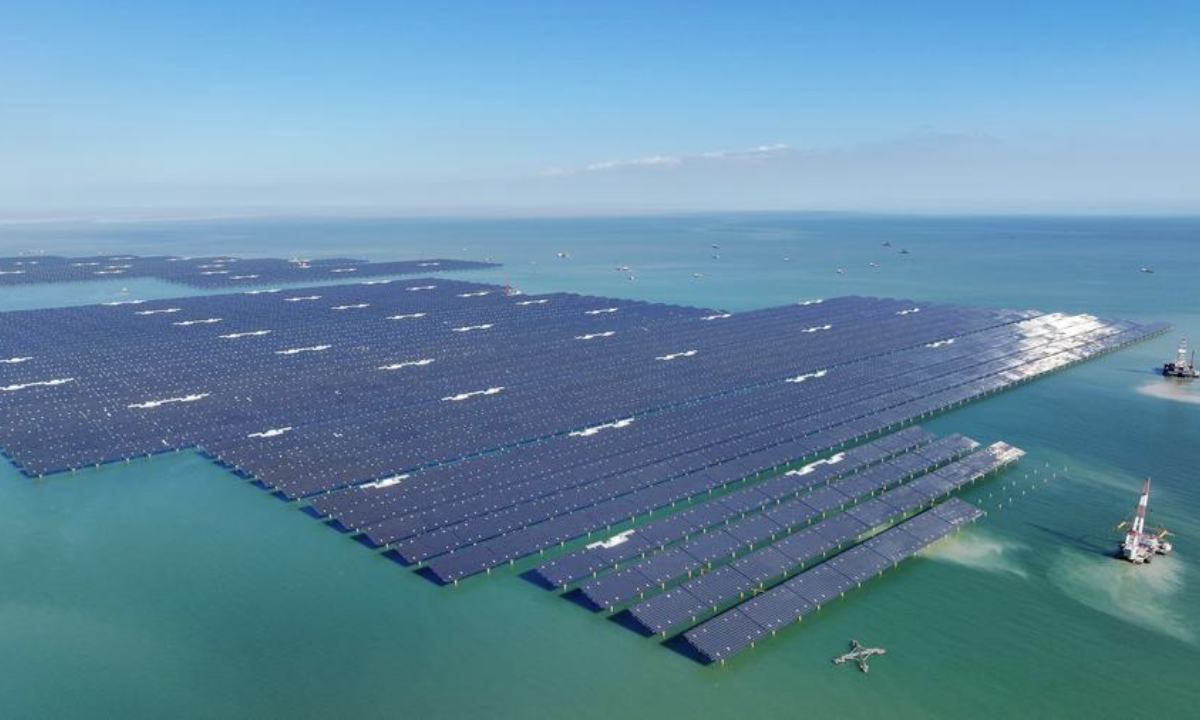 An aerial drone photo taken on Nov. 13, 2025 shows an offshore photovoltaic project in Dongying City, east China's Shandong Province. (Photo by Zhou Guangxue/Xinhua)
