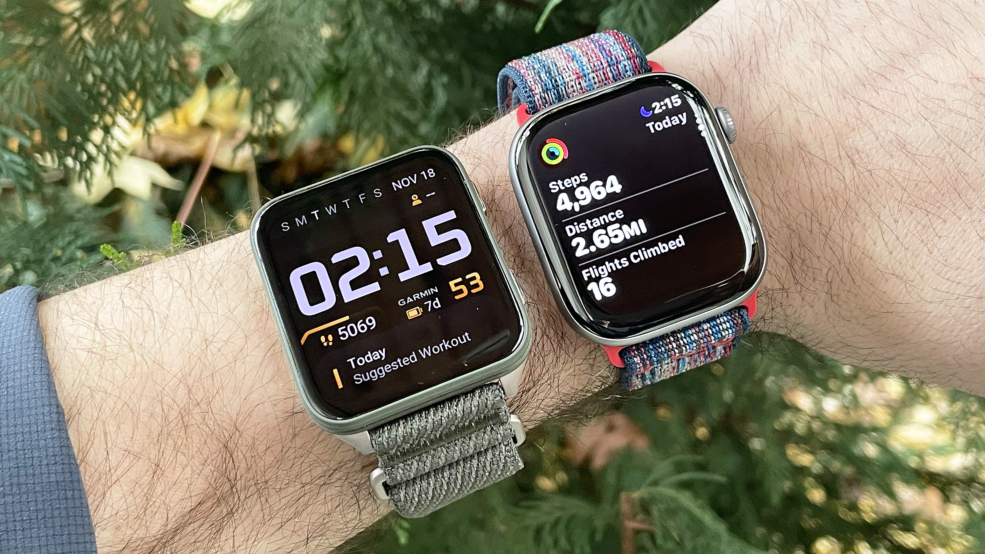 Apple Watch Series 11 and Garmin Venu X1 close-up on the writer's wrist