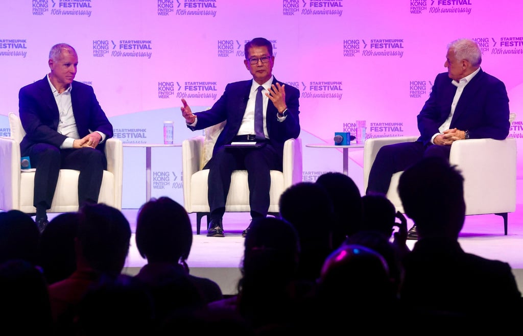 HSBC CEO Georges Elhedery (left) takes part in a discussion with Financial Secretary Paul Chan Mo-po (centre) and Standard Chartered CEO at the Hong Kong FinTech Week on November 3. Photo: Jonathan Wong