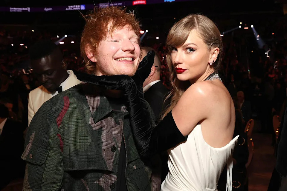 Kevin Mazur/Getty  Ed Sheeran and Taylor Swift in February 2024