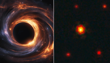 (Left): An illustration of a feeding supermassive black hole. (Right) The "red dots" identified in the region of the sky around the quasar J1030. BiRD is the object in the center: it stands out from the other red dots because it is closer and, therefore, brighter