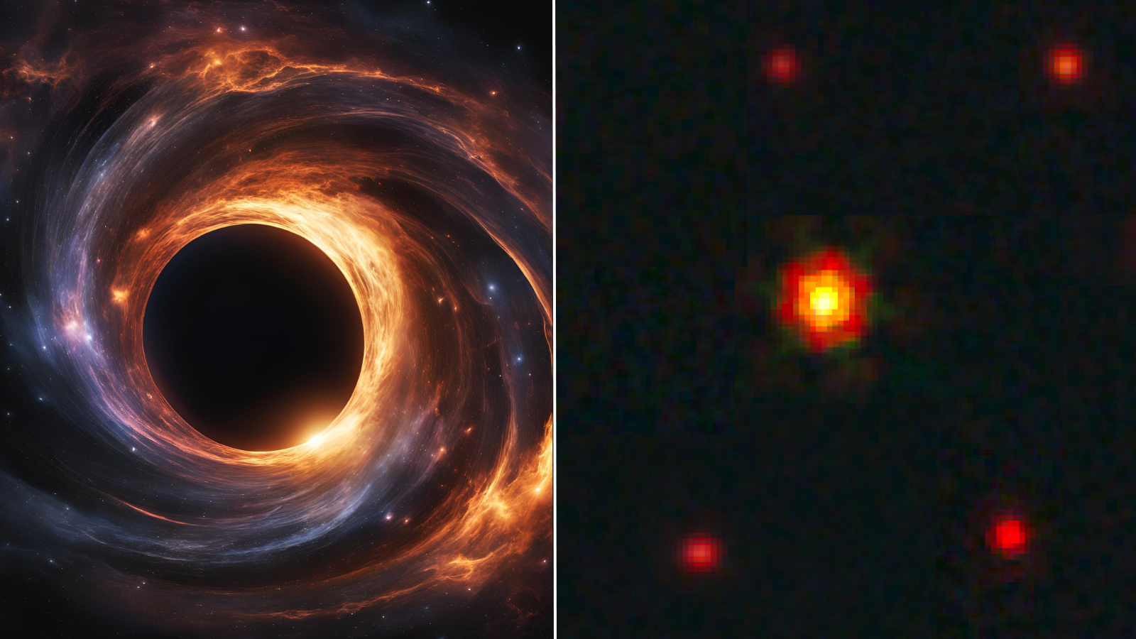 (Left): An illustration of a feeding supermassive black hole. (Right) The "red dots" identified in the region of the sky around the quasar J1030. BiRD is the object in the center: it stands out from the other red dots because it is closer and, therefore, brighter