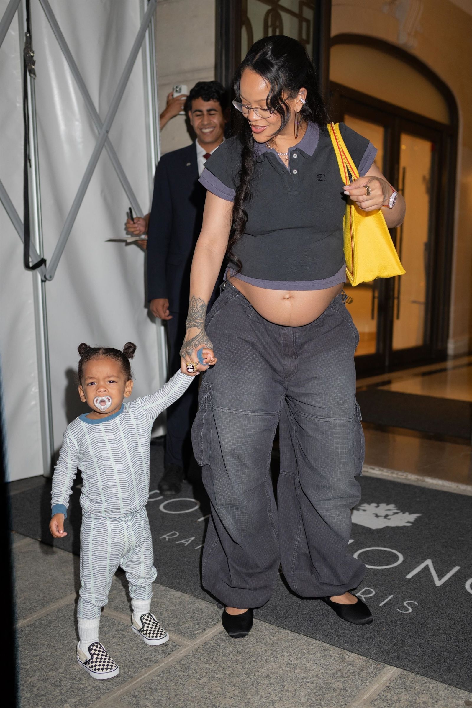 Rihanna and her son Riot arrive at the Royal Monceau Hotel in Paris