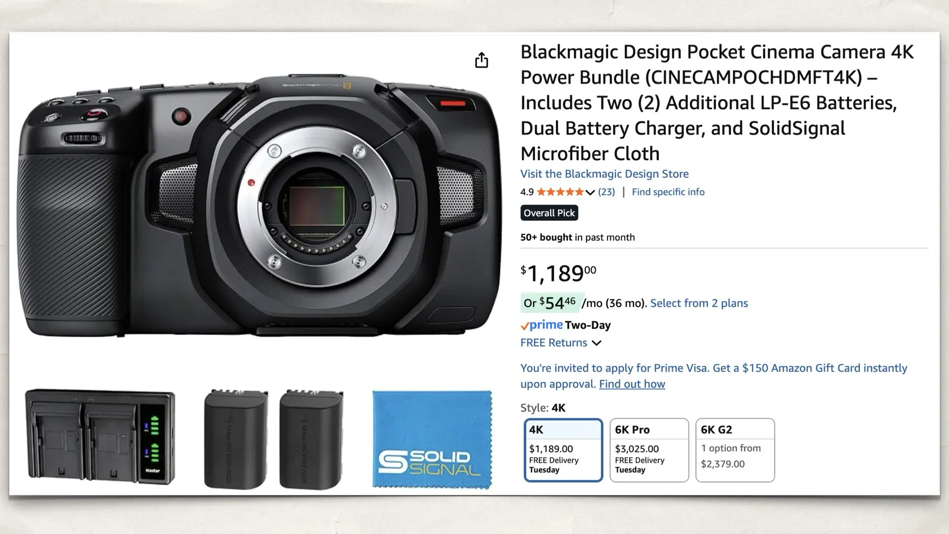 Blackmagic Pocket Cinema Camera 4K on Amazon
