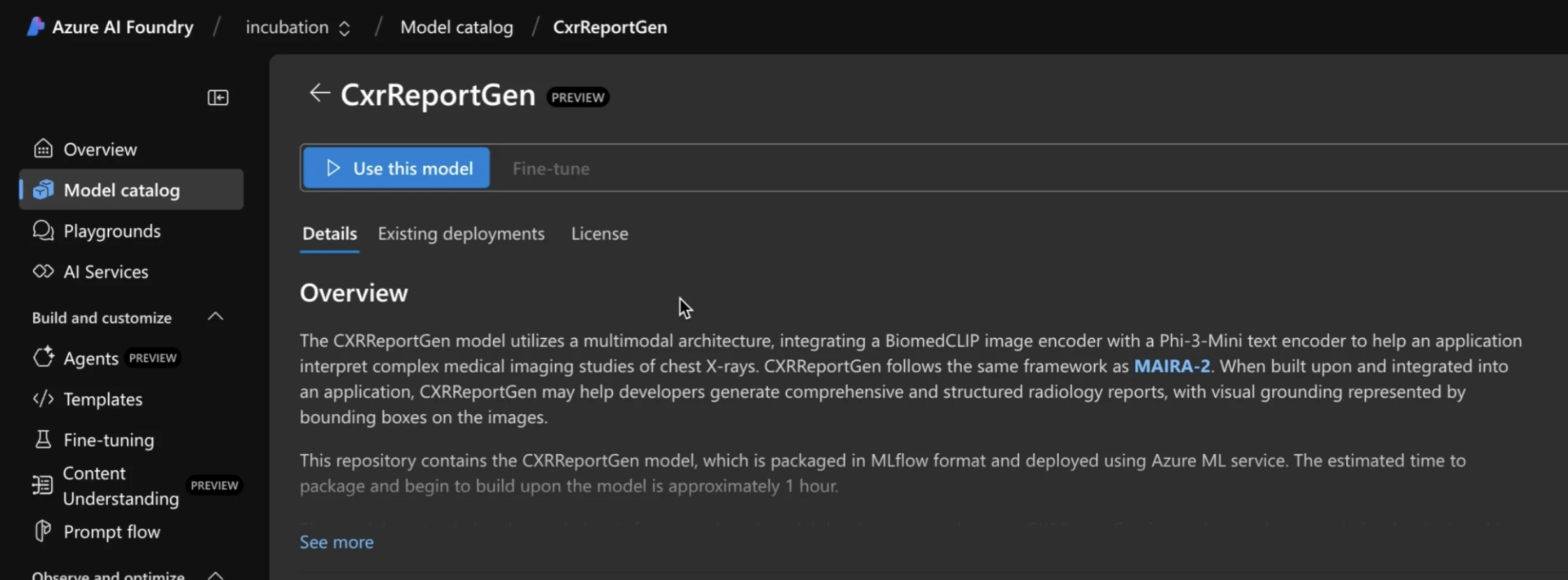 Azure AI Foundry CxrReportGen model page showing overview, use this model button, and deployment details.