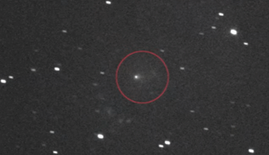 A fuzzy comet circled in red on a starry background.