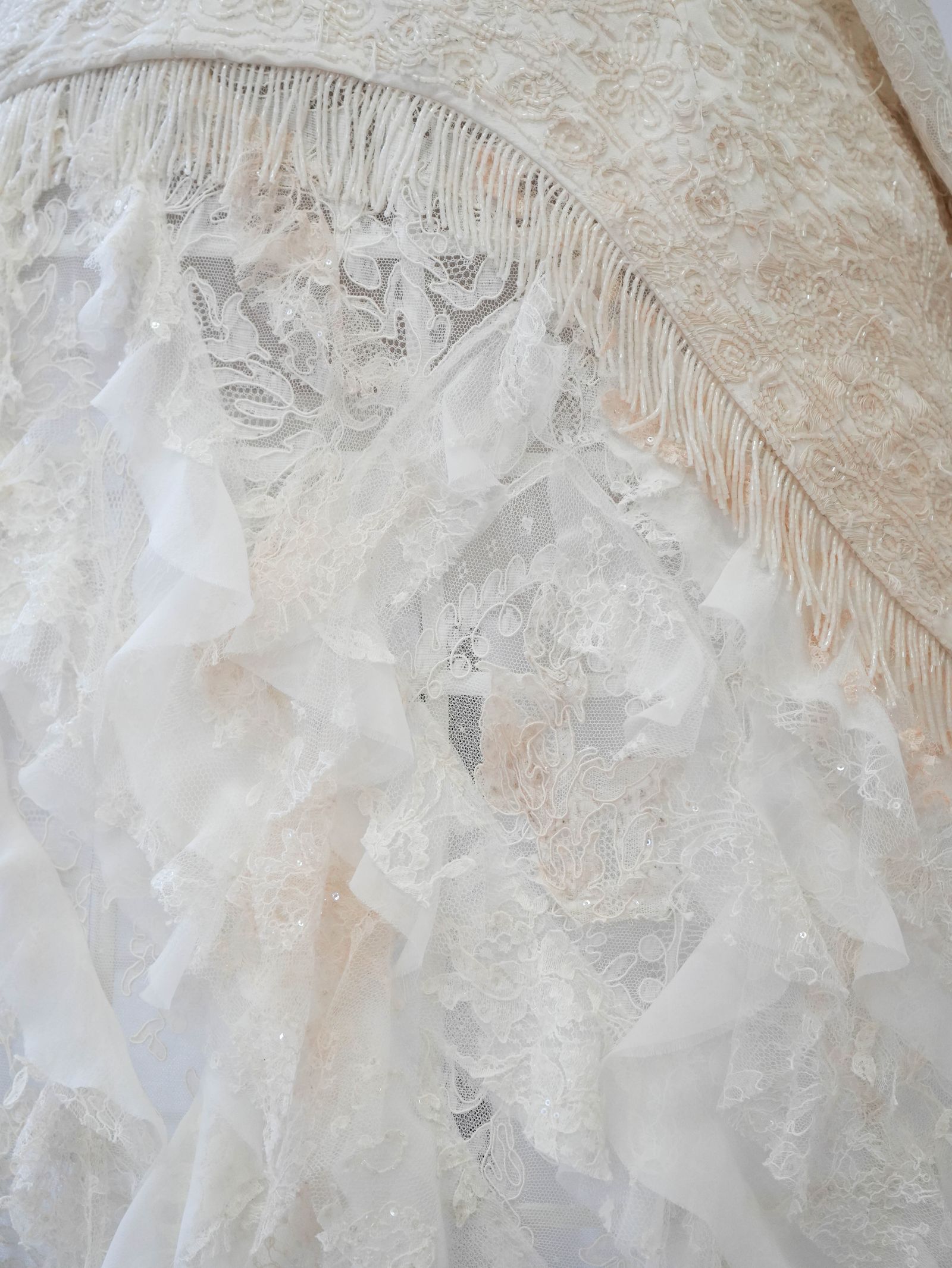 Image may contain Bridal Veil Clothing Dress Fashion Formal Wear Gown Person Wedding Wedding Gown and Lace