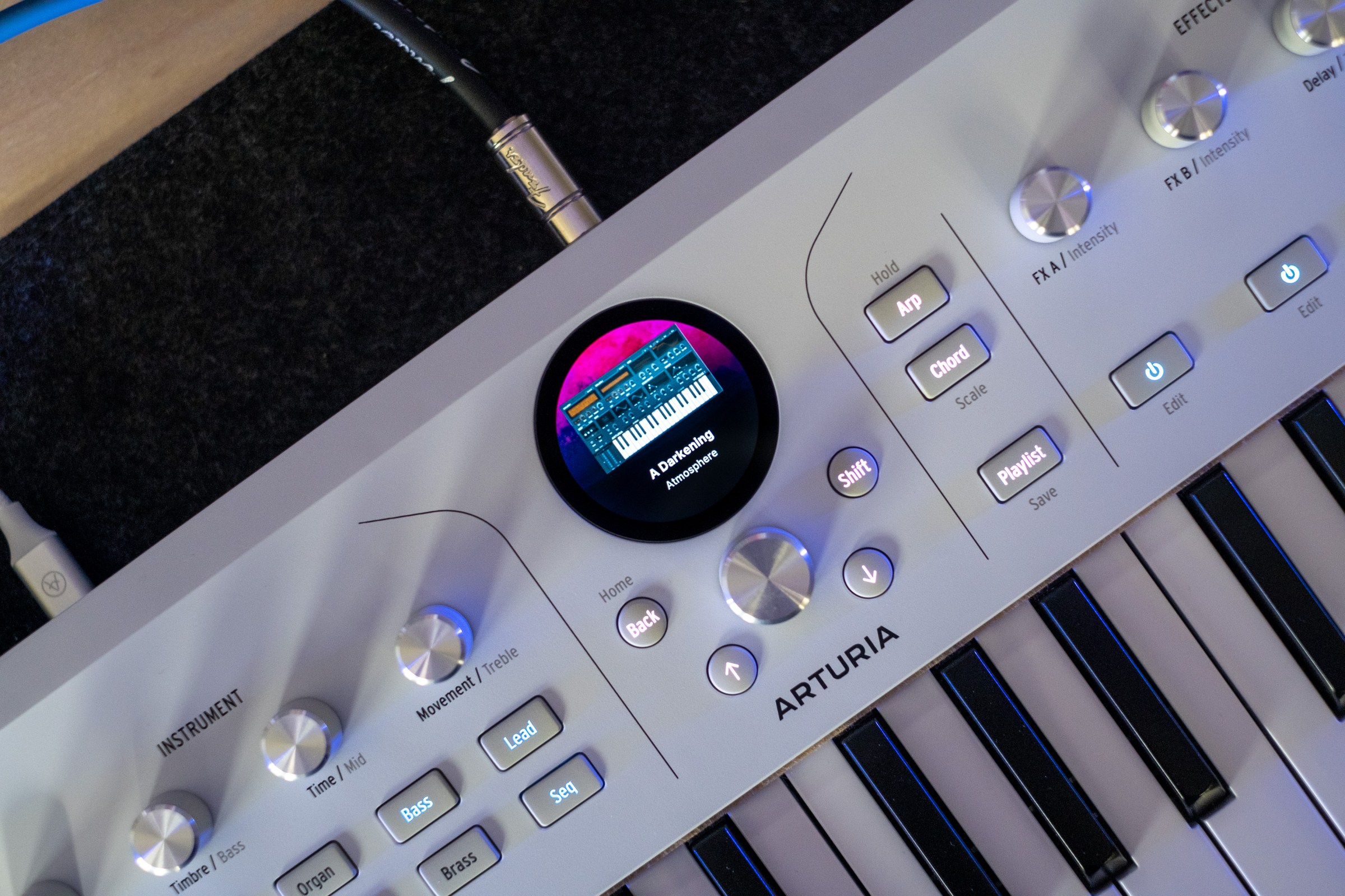 A close up shot of the screen on the AstroLab 37 displaying a patch for MiniFreak V called “A Darkening”.