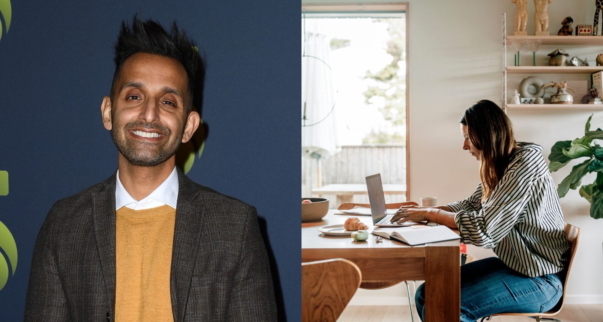 Dr Amir Khan next to woman sitting at desk typing on laptop to represent useful movement snacks to do during the day