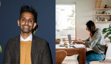 Dr Amir Khan next to woman sitting at desk typing on laptop to represent useful movement snacks to do during the day