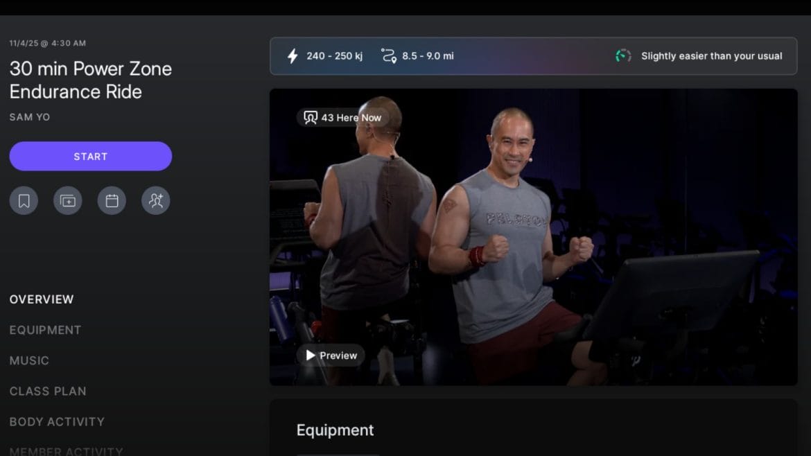 Peloton Cardio Performance Estimates feature recommending a class "slightly easier than your usual."