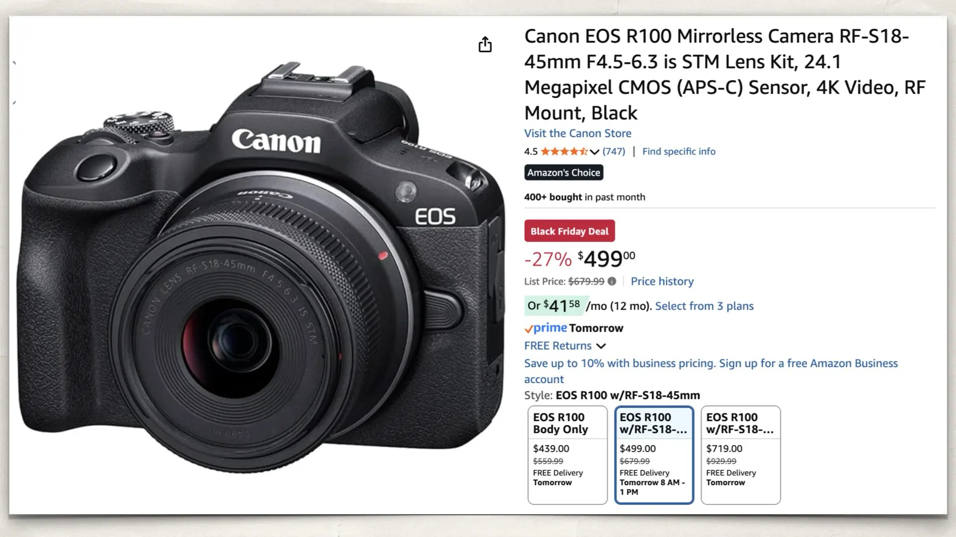 Canon EOS R100 with RF-S18-45mm F4.5-6.3 Lens